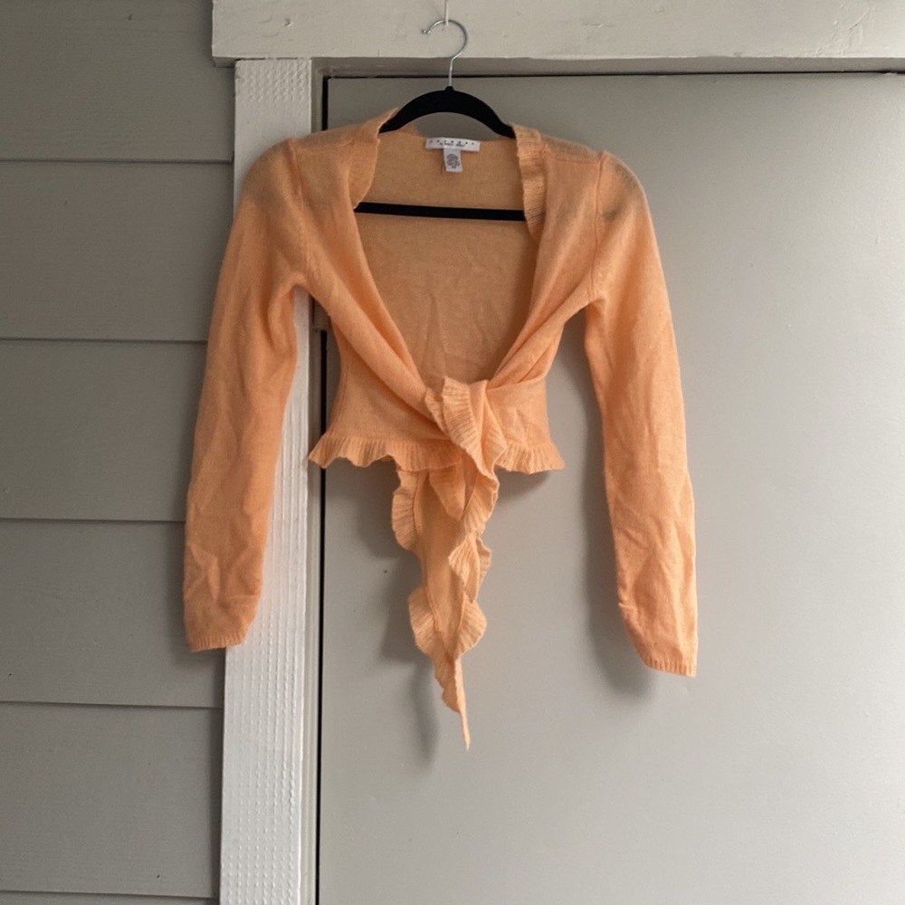 100% cashmere pastel orange tie front shrug